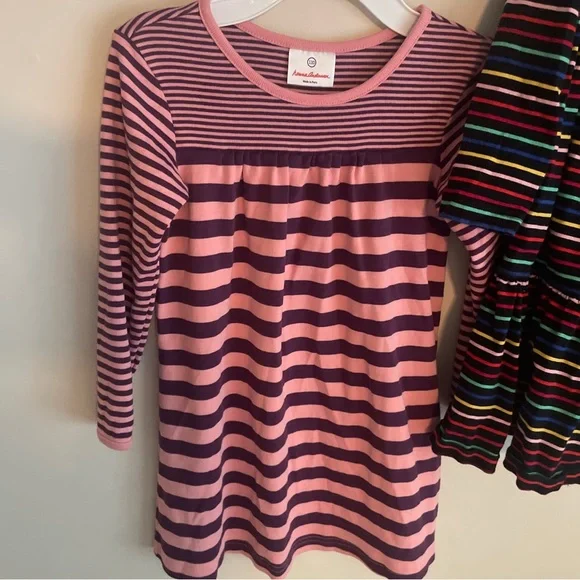 2 HANNA ANDERSSON 110 Girl Size 5 DRESSES Long Sleeve Pink Stripe Rainbow Cotton